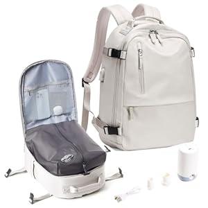 SEAFEW Travel Backpack with Vacuum Seal Compression, Waterproof Carry on Backpack for Flight Approved Personal Item Bag with pump, Business Laptop Backpack with USB Charging for Hiking Gym, Beige