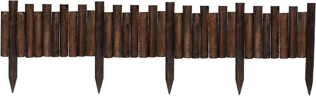 Worth Garden Wooden Staggered Short Fence - 8 in. H. x 3.7 ft. L. Burnt Wood Finish Outdoor Landscape Edging Flexible Decorative Border - Garden Yard Flower Bed Tree Fence - Stakes 4 in. Height