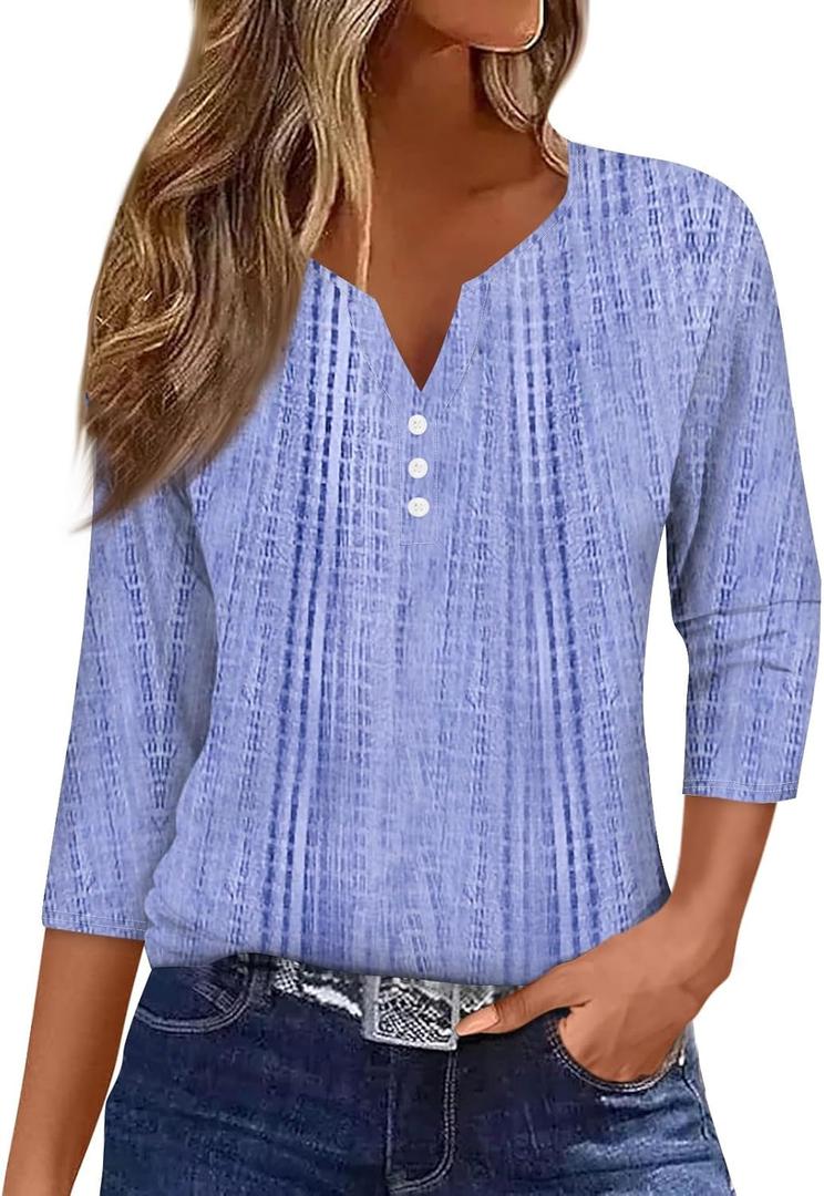 3/4 Length Sleeve Womens Shirts Henley Neck Casual Petite Summer Tops for Seniors (Blue, XL)