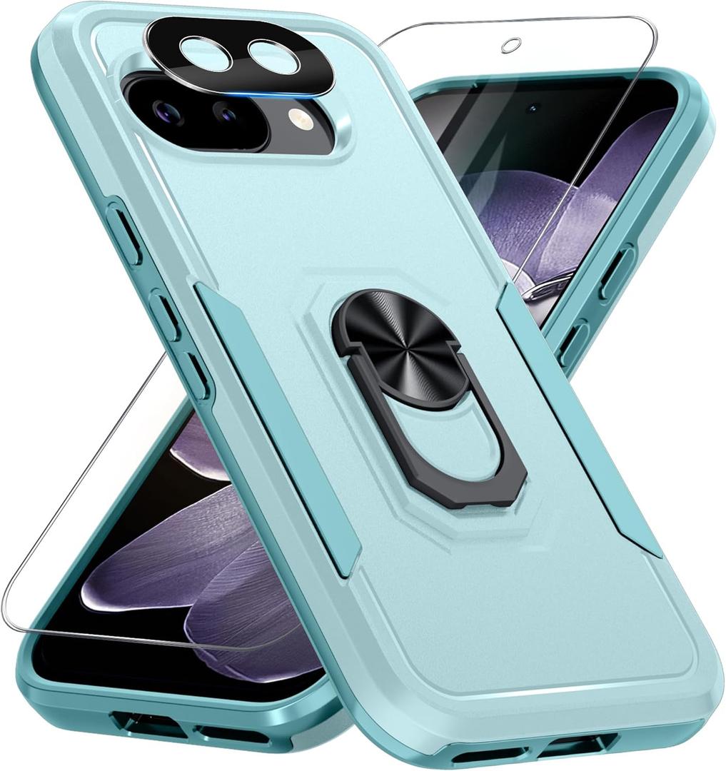 for Google Pixel 9a Case with Screen Protector+Camera Lens Protector,Heavy Duty Shockproof Full Body Protective Cover Built in Rotatable Metal Ring Holder Kickstand, 2025 Mint Green