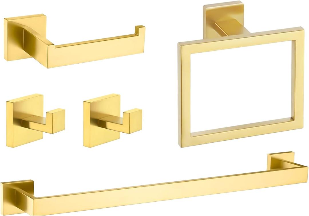 5-Piece Brushed Gold Bathroom Hardware Set - Hand Towel Bar, Toilet Paper Holder, Towel Ring & Rack