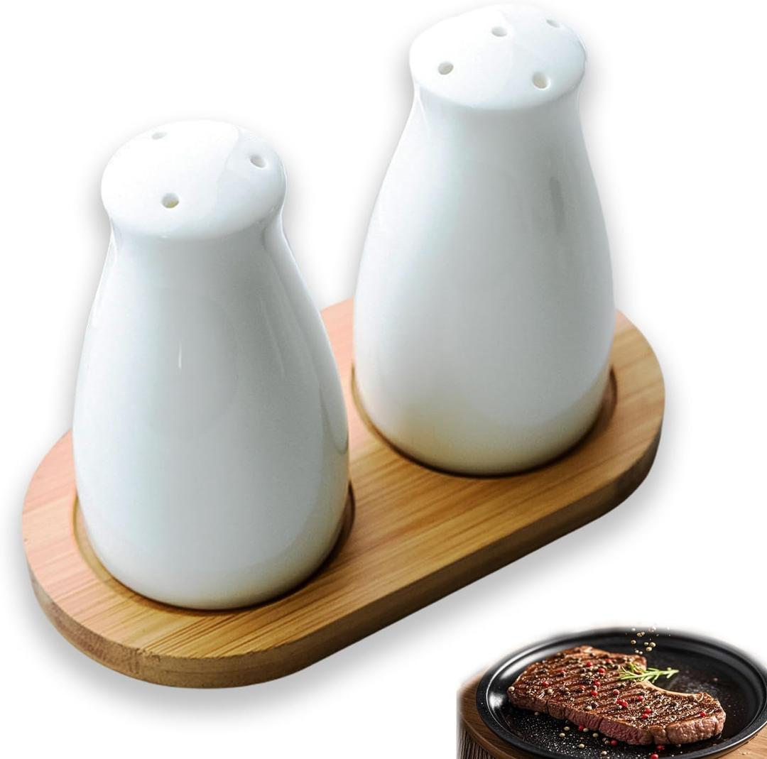 Ceramic Salt and Pepper Shakers Set with a Bamboo Tray,Farmhouse White Salt Shaker for Cooking,Travel,BBQ, Kitchen and Resturant Decor Set of 2