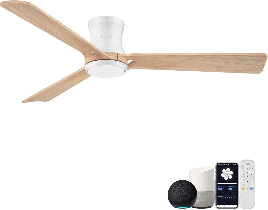 Hoenofly 52in Smart Ceiling Fans with Lights, Remote/APP/Alexa Control, Low Profile Flush Mount Ceiling Fan for Modern Bedroom Living room Patio, Light Wood& White, 6 Speeds, Quiet, Outdoor Indoor Use