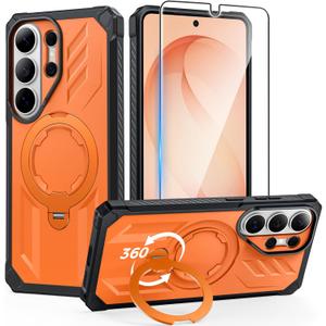 FNTCASE for Samsung Galaxy S26-Ultra Case: [360 Spin Magnetic Ring Kickstand] [Compatible for MagSafe] [Screen Protector] Heavy Duty Military Grade Protection Protective Phone Case with Stand Orange