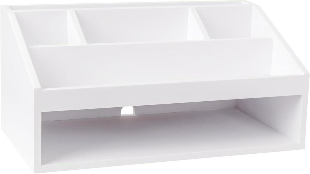 Martha Stewart Weston Wooden Desktop Organizer with Open Lower Storage Compartment, Engineered Wood Multipurpose Storage Caddy, White