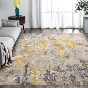vivorug Washable Rug, Ultra Soft Area Rug 5x7, Non Slip Abstract Rug Foldable, Stain Resistant Rugs for Living Room Bedroom, Modern Fuzzy Rug (Grey/Gold/Navy, 5'x7')