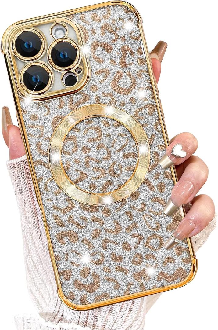 Fiyart Designed for iPhone 16 Pro Max Case, Compatible with MagSafe Cheetah Print Plating Camera Protection Magnetic Clear Glitter Leopard Print Shockproof Phone Bumper for Women Girls 6.9"-Gold