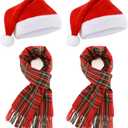 Coume Christmas Santa Hat and Scarf Set for Adults, Winter Plaid Scarf Warm Xmas Hat with Pompom for Men Women Holiday Gifts (Red and Green)