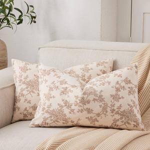 100% Cotton French Pastoral Lumbar Throw Pillow Covers Set of 2, 12x20 Inch Brown Farmhouse Decorative Cushion Covers for Sofa Bed Living Room Home Decor