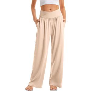 TARSE Women's Wide Leg Casual Loose Pants Yoga Sweatpants Comfy Crossover High Waisted Lounge Pajama Flowy Pants with Pockets (Beige, M)