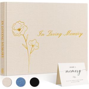 Lanpn Funeral Guest Book for Loving Memory, Linen Memorial Service Registry Guest Book, Funeral Favors Sign in Books for Guests, Celebration of Life Memory Book for Funeral with Table Sign, Beige