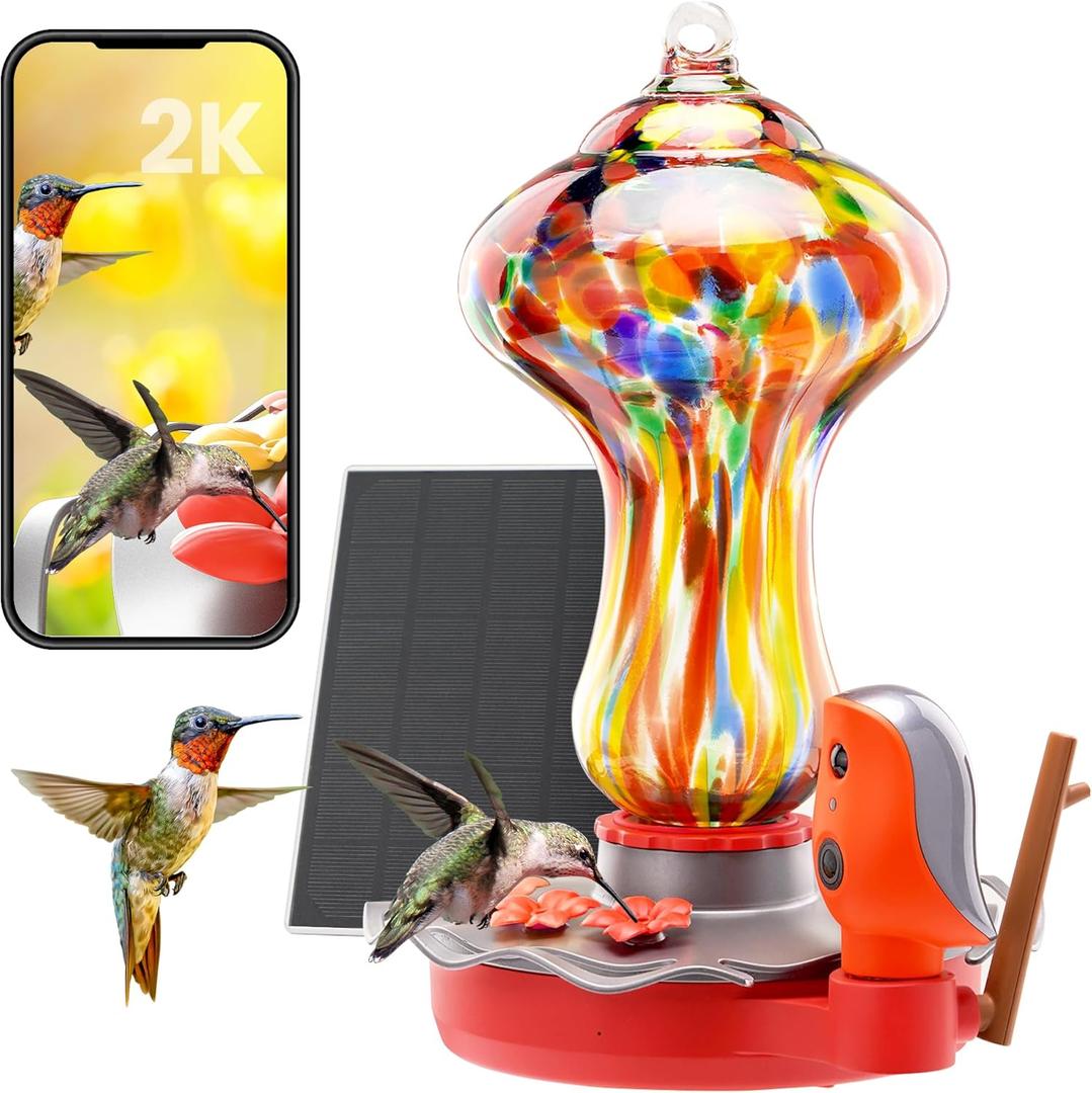 Glass Smart Hummingbird Feeder with 2K HD Camera Solar Powered - AI Identify & Water Detection, Instant Notification, Leakproof & Ant Moat, Work with Alexa & Google Assistant (Mushrooms)