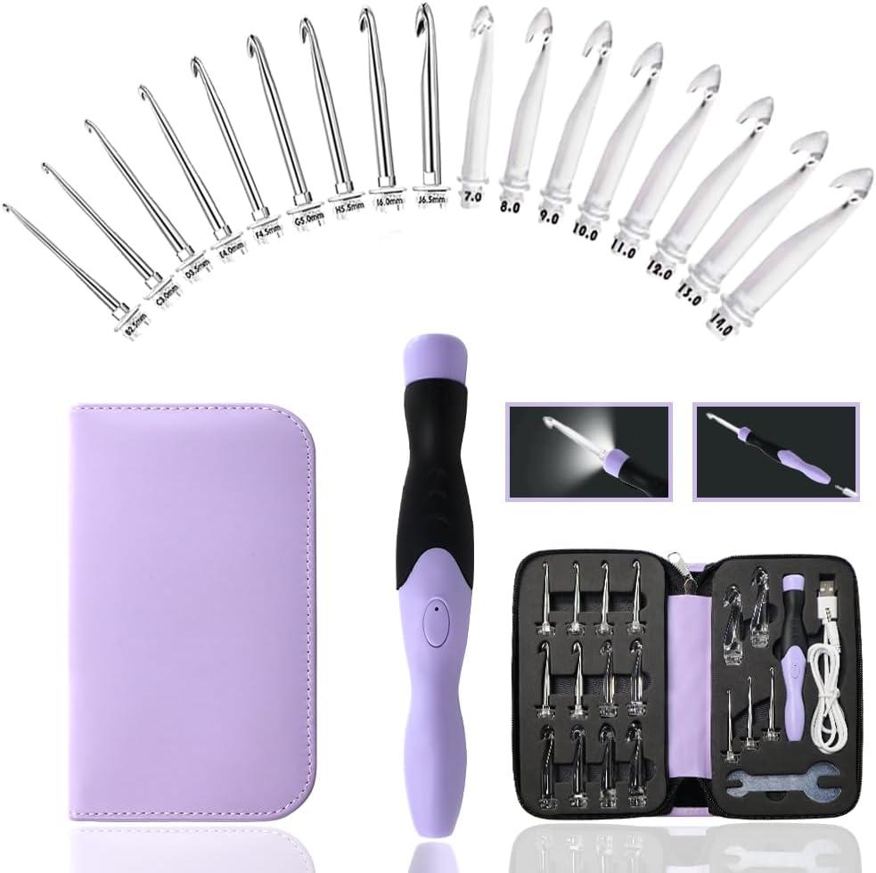 Lewhoo 17 Sizes Lighted Crochet Hooks Set 2.5mm~14.0mm, Metal Crochet Hook with Interchangeable Crochet Head