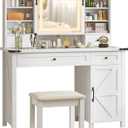 HOMCOM Farmhouse Vanity Desk with Mirror, Rustic Makeup Vanity Table with LED Lights, Cushioned Stool, 42 Inch Glass Tabletop, Drawers & Shelves & Cabinet, Dressing Table Set for Bedroom, White