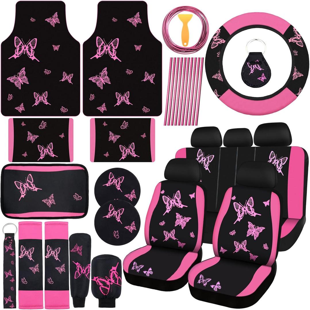 BBTO 47 Pcs Butterfly Car Seat Full Set Butterfly Car Accessories for Women 5 Front Rear Seat Covers Wrist Strap 2 Pieces Cup Mat Armrest Pad 2 Belt Cover Accessories for SUV(Pink Black) BBTO 47 Pcs Butterfly Car Seat Full Set Butterfly Car Accessories for Women 5 Front Rear Seat Covers Wrist Strap 2 Pieces Cup Mat Armrest Pad 2 Belt Cover Accessories for SUV(Pink Black)