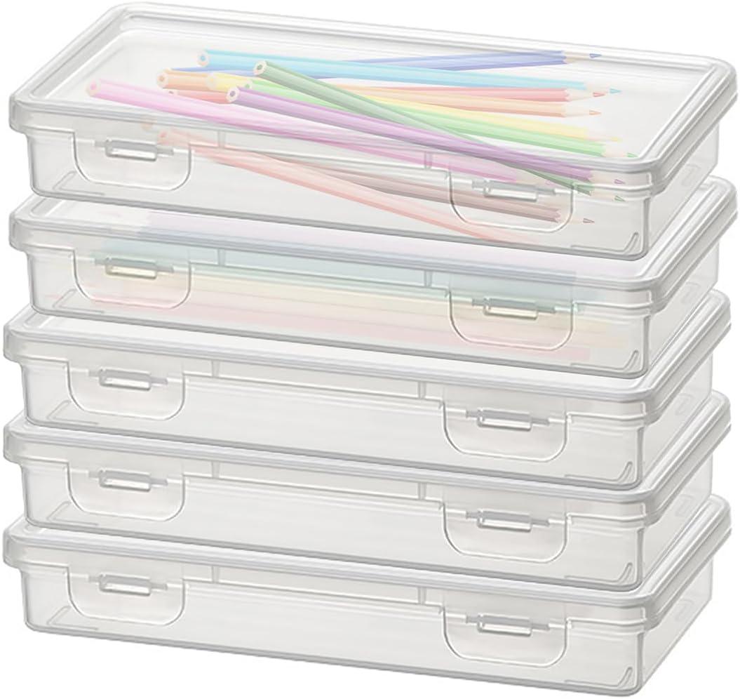 5 Pack Plastic Pencil Box with Snap-tight Lid, Clear Large Capacity Pencil Boxes Stackable Craft Organizer for Art Supply Office, Storage Organizer, 7.48 x 3.7 x 1.2 Inch