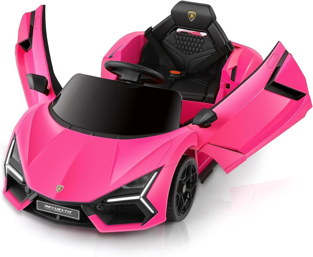 ELEMARA Licensed Lamborghini Ride On Car with Scissor Door,Electric car for Kids with Remote Control,12V Kids Car with Bluetooth,LED Light,MP3 Player and Wide Seat(Pink), Large