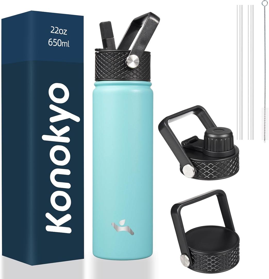 22oz Stainless Steel Bottles with 3 Lids Sport Insulated Water Bottle,Turquoise 22oz Stainless Steel Bottles with 3 Lids Sport Insulated Water Bottle,Turquoise