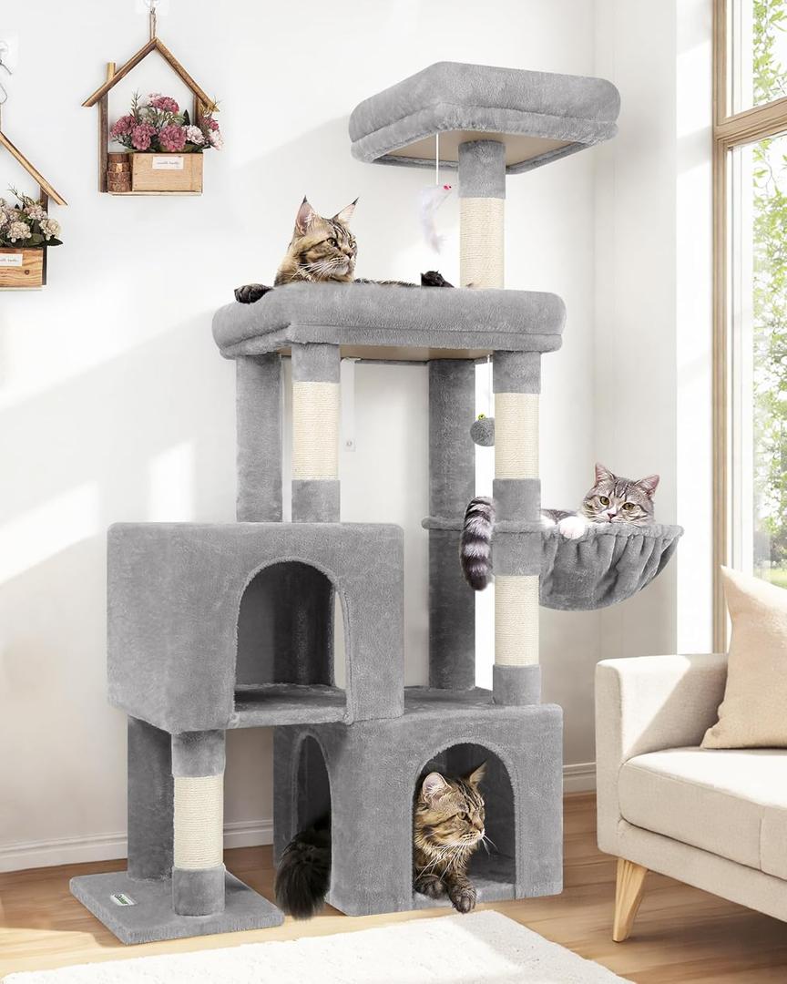 Globlazer Cat Tree Tower with 2 Cat Condos for Multiple Indoor Cats, 52in Multi-Level Plush Cat Condo Tower with 5 Sisal Scratching Posts, 2 Padded Perches, Big Basket, Widened Base, S52, Light Grey
