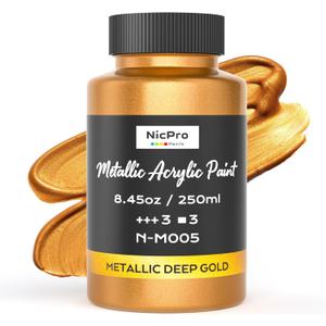 Nicpro Metallic Deep Gold Acrylic Paint, 8.45oz/250ml Large Deep Gold Leaf Paint, Non Toxic, Non Fading Craft Paints for Metal, Wood, Clay, Fabric, Canvas, Furniture, Handcrafts, Art Supplies
