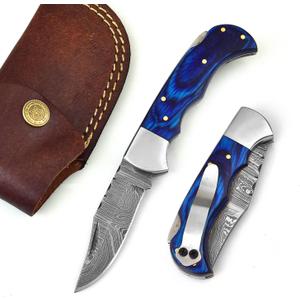 606BU Damascus Steel knife - Pocket Folding with Clip - Handmade Custom Pocket knife for Men  Cool Pocket Good For Camping Hunting Fishing Indoor & Outdoors Activities - EDC Damascus knife - Folding Hunting Knives - Leather Sheath - Folding Pocket Knife by GladiatorsGuild 606BU (Blue)