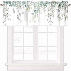 Green Eucalyptus Leaves Curtain Valance for Windows Watercolor Floral Window Treatments 1 Panel Short Curtains for Kitchen Windows Bathroom Bedroom,54 x 18 Inch