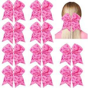 WILLBOND 10 Pieces 7 Inch Breast Cancer Awareness Large Cheer Hair Bows Ponytail Holder Elastic Cheerleader Bow Holder Ribbon Hair Band For Breast Cancer Month(Light Pink)