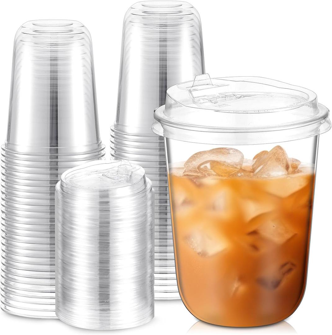Baderke 50 Sets Crystal Clear Plastic Cups With Lids, Disposable Iced Coffee Cups with Lids for Smoothie, Cold Beverages, Drinking Cups, Cold Drinks for Party, Wedding, Event (Clear,16 oz)