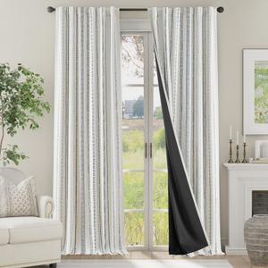 jinchan 100% Blackout Curtains 96 Inches Long for Bedroom, Boho Insulated Curtains Black Printed on Beige Geometric Drapes Back Tab Rod Pocket Room Darkening Retro Farmhouse Pattern 2 Panels