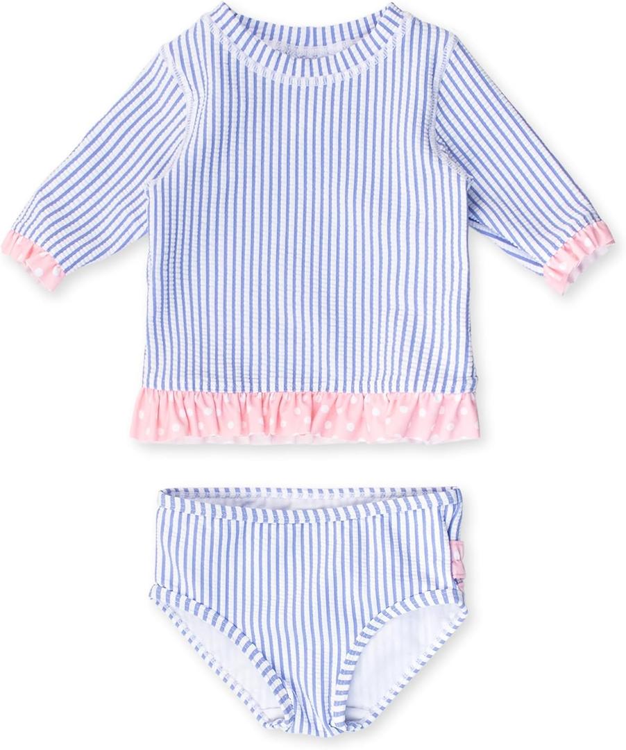 RuffleButts Baby/Toddler Girls UPF50+ Sun Protection Seersucker Short Sleeve Ruffle Rash Guard Bikini (5T, Periwinkle Blue)