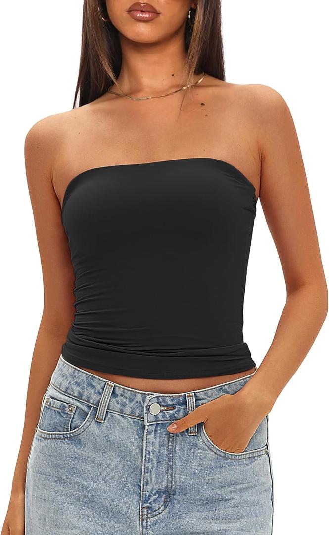 Darong Womens Padded Tube Tops Bulit in Bra Strapless Crop Tops Bandeau Double Lined Basic Going Out Tank Top (Medium, Black)