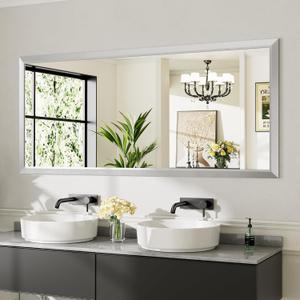 72x32 Inch Brushed Nickel Bathroom Mirror for Wall, Thick Metal Framed Rectangle Mirrors for Over Sink, Bedroom, Living Room, Entryway, Anti-Rust, HD Tempered Glass (Silver)