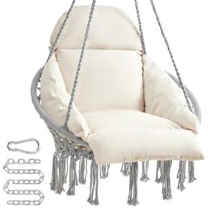 SONGMICS Hanging Chair, Hammock Chair with Large, Thick Cushion, Boho Swing Chair for Bedroom, Patio, Balcony, Garden, Holds up to 264 lb, Accessories Included, Dove Gray and Cream White 