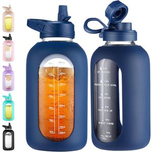 CIVAGO 64 oz Glass Water Bottle Jug with Straw and Handle, Half Gallon Sports Motivational Bottle with Time Marker and 2 Lids, Large Flask Canteen with Silicone Sleeve for Gym, Navy