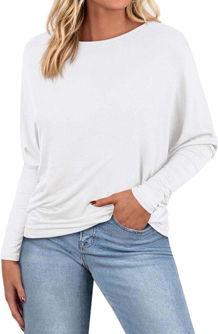 Zenlonr Long Sleeve Tops for Women Fall Fashion Outfits 2025 Crewneck Knit Basic Tee Shirts Business Casual Tops (White, M)