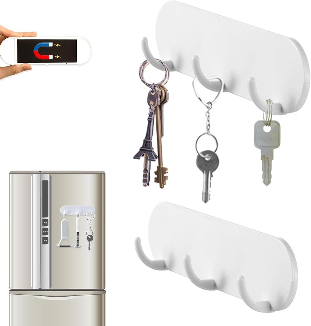 2-Pack Magnetic Key Holder with 3 Hooks for Refrigerator, Kitchen, and Laundry Rooms