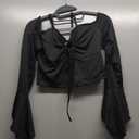 OYOANGLE Women's Off Shoulder Long Sleeve Drawstring Split Front T Shirt Ruched Lettuce Trim Crop Tee Top, with a black skirt, Medium
