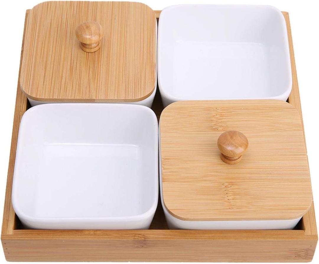 Bamboo Serving Tray, Modern 4-Compartment Appetizer Platter with Ceramic Bowls for Dips, Snacks, Veggies, Cheese, Multipurpose Entertaining Dish for Parties, Catering, Hosting