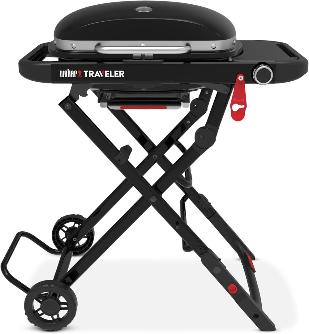 Weber Traveler Compact Portable Gas Grill (Liquid Propane) for Outdoor Cooking  Black, Porcelain-Enameled Lid, Side Table, Folding Portable Grill with Wheels for Camping, Tailgating & Travel