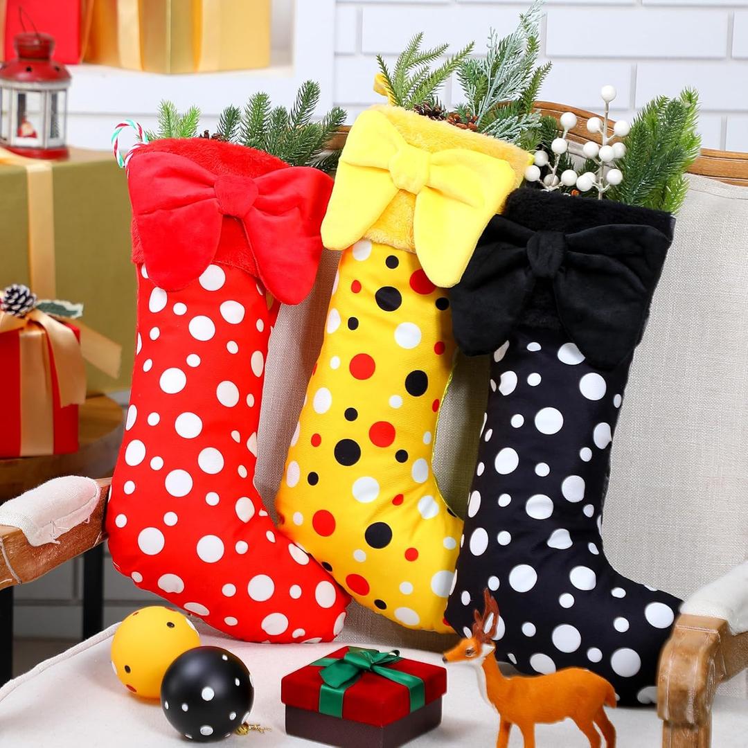 3 Pcs 19 Inch Cartoon Mouse Christmas Stocking Xmas Red Black Yellow Plush Hanging Stocking Fireplace Decor Polka Dot Candy Gift Bag for Holiday Christmas Tree Ornament Decoration