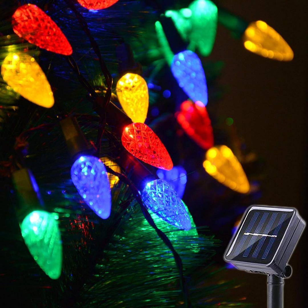Solar Christmas Lights Outdoor C6 Strawberry String Lights, LED Christmas Fairy Lights 50 LEDs Solar Operated Rechargeable Garden Lights for Christmas Tree, Holiday, Arbor Decor (Multicolor, 8 Modes)