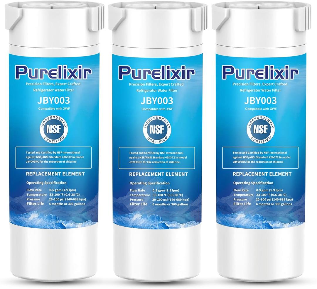 3 Pack XWF (Not XWFE, NO Chips) Compatible with GE XWF, GBE21, GDE21, GDE25, GFE24, Refrigerator Water Filter Replacement, NSF Certified, 6 Month / 300 Gallon