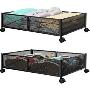 PHINOX Under Bed Storage with wheels, Under the Bed Storage Containers,Upgrade Crossed Iron Wire, Metal Rolling Underbed Storage Containers for Bedroom Clothes Shoes Blankets-2 Pack,Black