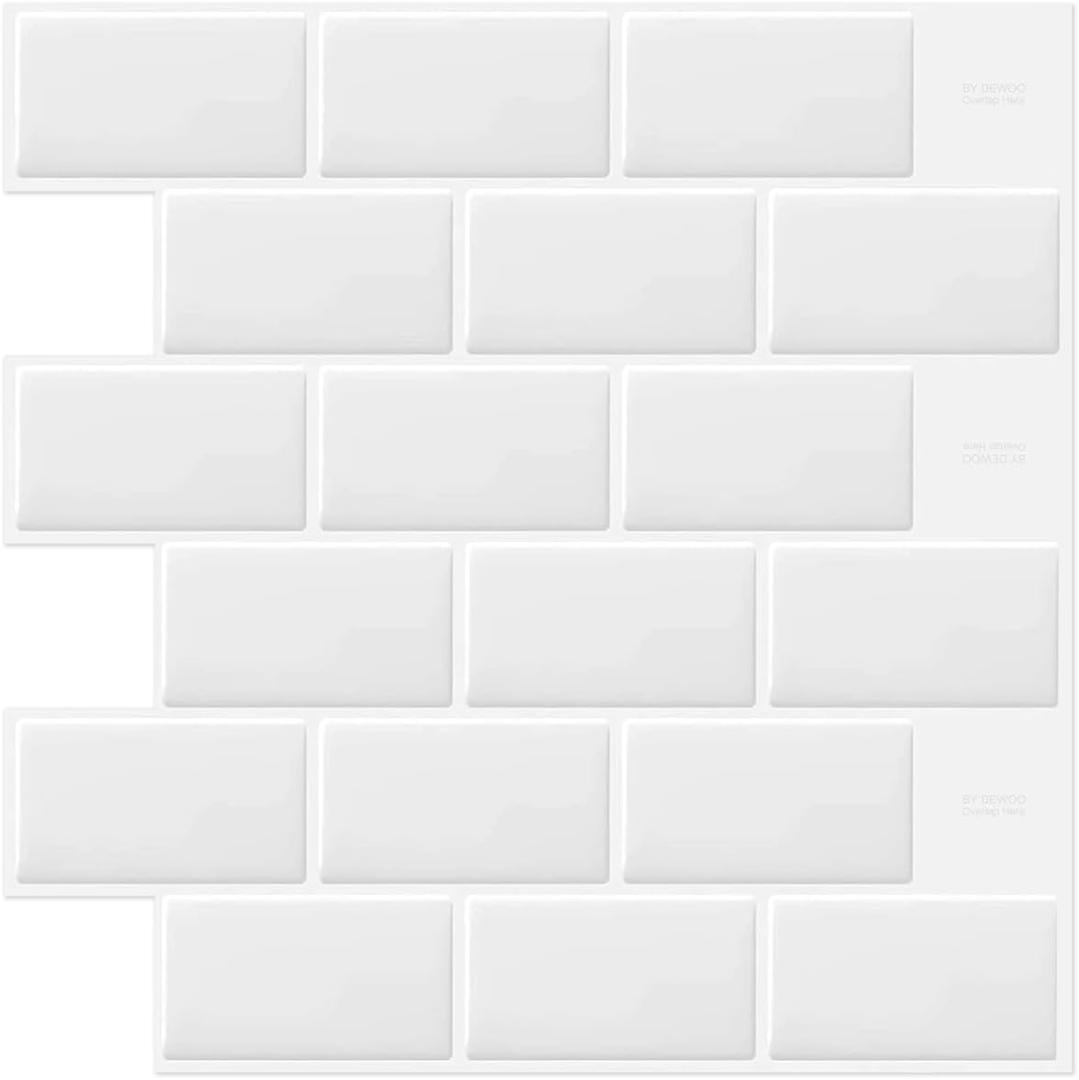 DEWOO White Peel and Stick Subway Tile Brick Backsplash Self Adhesive Wall Tiles for Kitchen Bathroom, 10-Sheet, 12"12"
