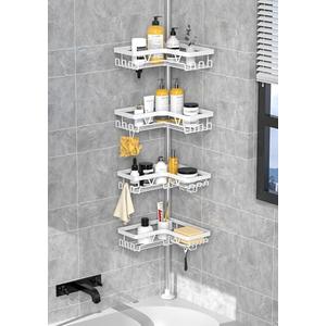 KEGII Corner Shower Caddy Tension Pole - White Shower Tension Rod Organizer, Floor to Ceiling Shower Caddy 25-114.2 inch, Towel Rack Corner Waterproof