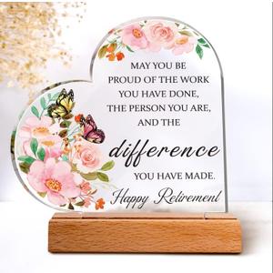 Retirement Gifts for Women 2025, Acrylic Heart Retirement Plaque Happy Retirement Gifts Inspirational Gifts for Coworkers Retired Friends Teacher Nurses Retirement Paperweight Table Decoration