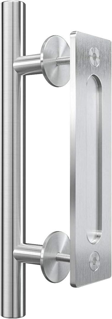 Genius Iron 12 Inch Stainless Steel Barn Door Handle, Pull and Flush Barn Door Handle Set for Glass Wood MDF Barn Door, Solid Cast Iron Modern Style Handle