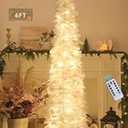 HMASYO 6 FT Pop Up Christmas Tree with 100 LED Lights & Remote, White Christmas Tinsel Tree, Collapsible Artificial Pencil Tree for Home Office Party Decor, USB Powered Timer Lights, Easy Assembly