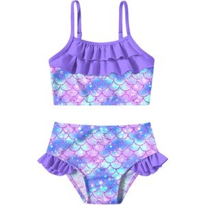 Little Girls Two Piece Mermaid Bikini Set Ruffle Adjustable Summer Beach Bathing Swimsuit 3-7 Years for Kids