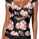 Aleumdr Two Piece Tankini Swimsuits for Women Cutout Tummy Control Bathing Suit Ruffled V Neck Tank Tops with Bottom (Black, XL)